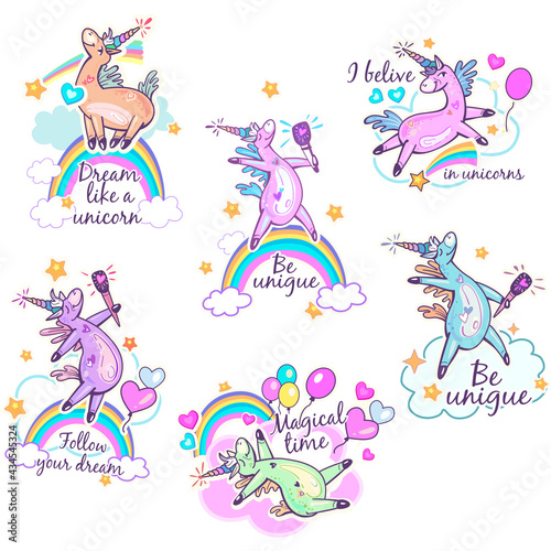 Magical cute Unicorn stickers design for fashion graphics, t shirts, prints, posters