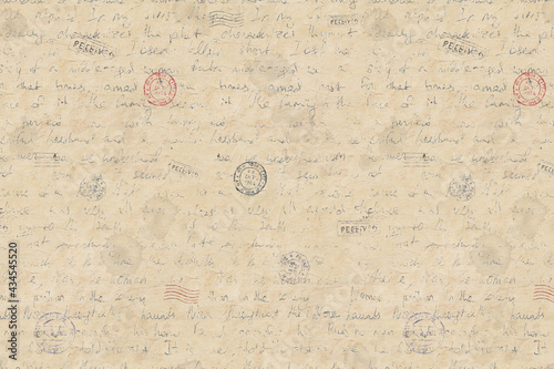 Abstract background in vintage style with old aged yellow brown paper with faded ink hand written unreadable text
