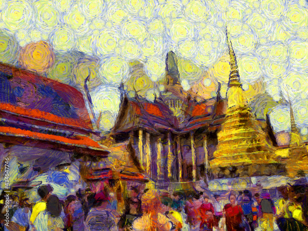 The grand palace, wat phra kaew bangkok thailand Illustrations creates an impressionist style of painting. The grand palace, wat phra kaew bangkok thailand Illustrations creates an impressionist style of painting.
