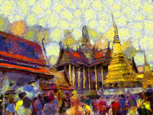 The grand palace, wat phra kaew bangkok thailand Illustrations creates an impressionist style of painting. © Kittipong