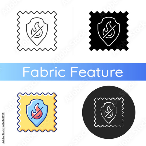 Fireproof fabric feature on fabric icon. Non inflammable fiber label. Fire protection. Special textile quality characteristics. Linear black and RGB color styles. Isolated vector illustrations