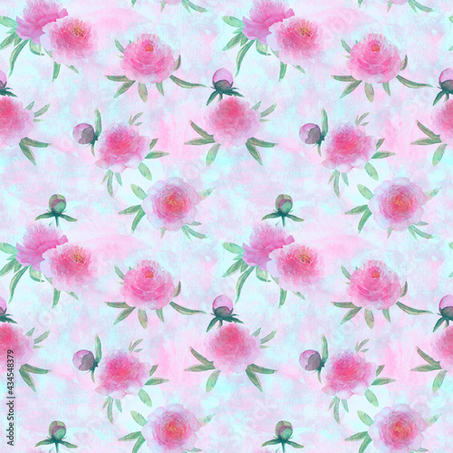 Watercolor pink peonies flo...