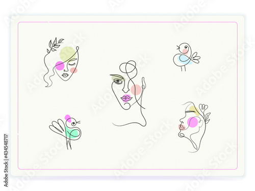 set of five illustrations of girls and birds in a linear style with colored spots