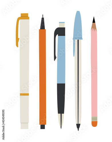 Vector illustration of pens and pencils, isolated on white. Hand-drawn set in flat style. The concept of objects for learning, office supplies, drawing.