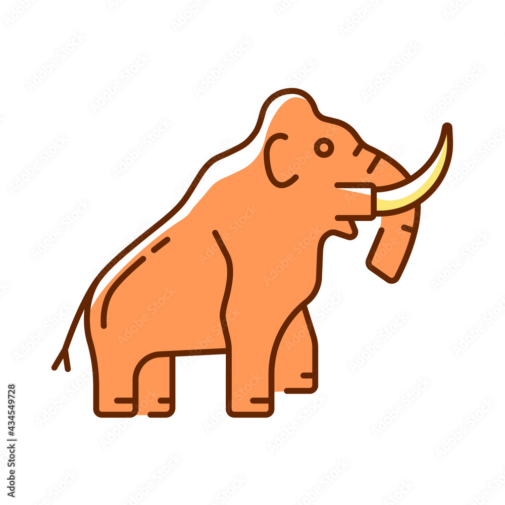 Mammoth skeleton RGB color icon. Trunked mammal. Paleontological excavation. Elephant-like bones. Museum exhibit. Large proboscidean. Extinct elephantine mammal. Isolated vector illustration Mammoth skeleton RGB color icon. Trunked mammal. Paleontological excavation. Elephant-like bones. Museum exhibit. Large proboscidean. Extinct elephantine mammal. Isolated vector illustration
