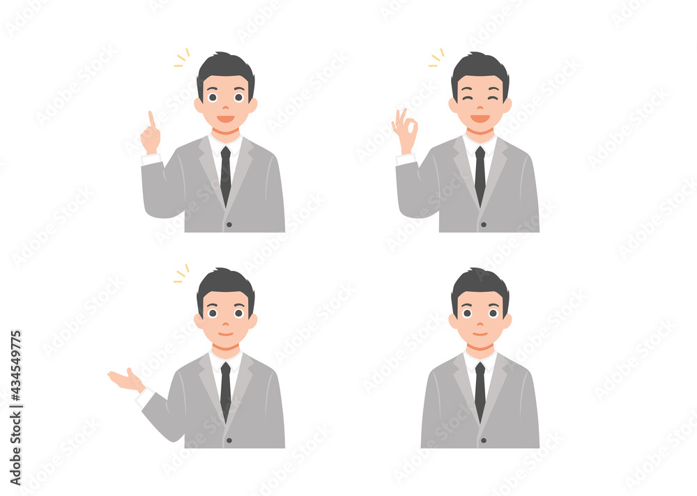 Business man set with professional young male employee or teacher in different gestures and pose.  Isolated on white background. Colorful vector illustration in flat style