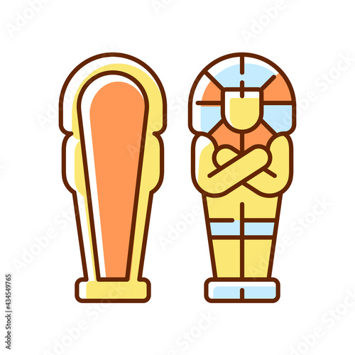 Egyptian sarcophagus RGB color icon. Eternal dwelling for deceased. Coffin inscribed in hieroglyphs. Sarcophagi reserved for kings, royalty. Grave with burial goods. Isolated vector illustration