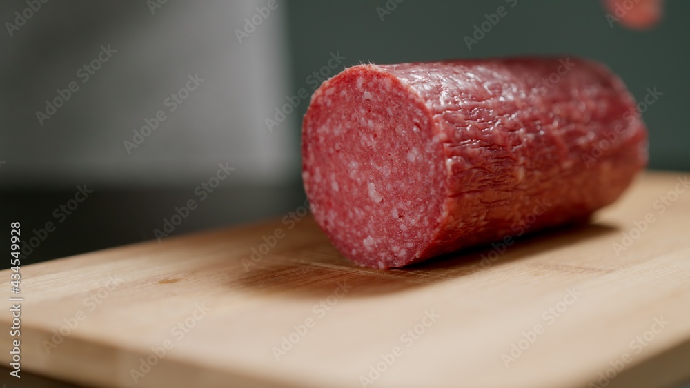 Salami Sausage On Wooden Board Salami Sausage On Wooden Board