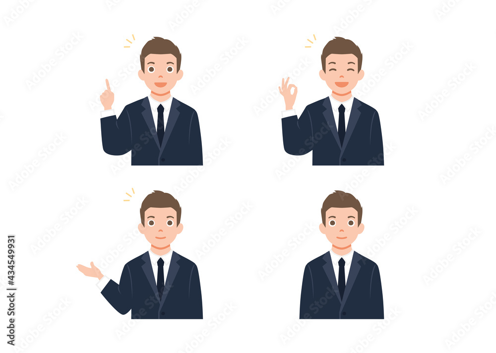 Business man set with professional young male employee or teacher in different gestures and pose. Isolated on white background. Colorful vector illustration in flat style Business man set with professional young male employee or teacher in different gestures and pose. Isolated on white background. Colorful vector illustration in flat style