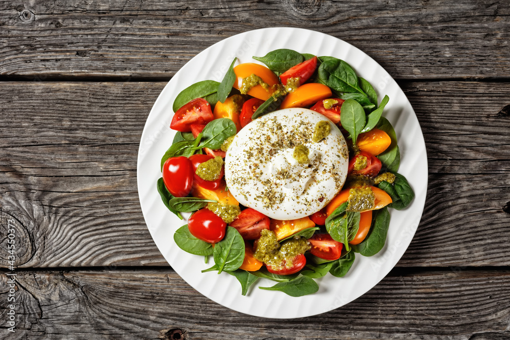 Spinach, Tomato and Burrata Salad on a plate Spinach, Tomato and Burrata Salad on a plate