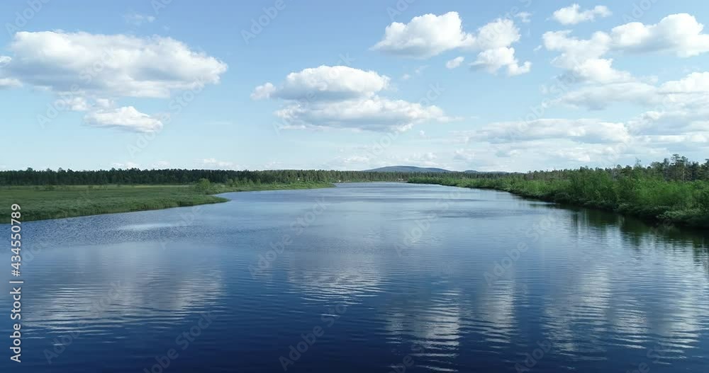 Flight over the Beautiful River and Green trees. Beautiful blue sky with clouds. Magestic landscape. 4K resolution. Flight over the Beautiful River and Green trees. Beautiful blue sky with clouds. Magestic landscape. 4K resolution.