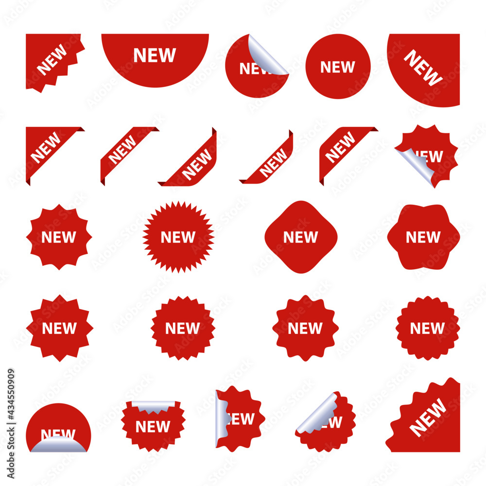 New tag red sign - concept stiker label set. Discount sale price tags labels stikers. Icons isolated. Flat design style. Icon set. Sale, Big Sale, Winter, Autumn, Spring, Summer, Season, New sales.
