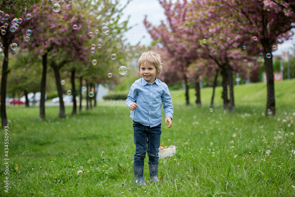 Blond toddler child, cute boy in casual clothing, playing with soap bubbles in the park Blond toddler child, cute boy in casual clothing, playing with soap bubbles in the park