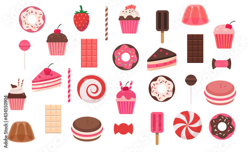 Sweet dessert flat icon set. Graphic elements for cupcake, cake, muffin, macaroon, candy ice cream shops. simple design.