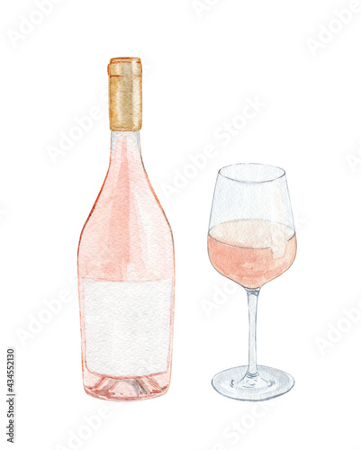watercolor rose wine bottle and glass set isolated on white background.