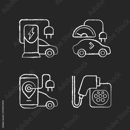 Electric vehicle charging chalk white icons set on black background. Charging adapter and converter to fit electromobile. Charging battery of car. Isolated vector chalkboard illustrations