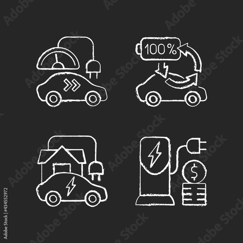 Electric vehicle charging chalk white icons set on black background. Types of charging connectors for electromobiles. Ecological fuel for transort. Isolated vector chalkboard illustrations