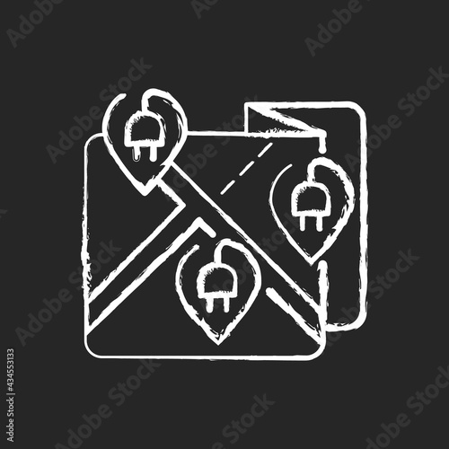 EV charging stations map or network chalk white icon on black background. Business that distributes chargin places for electromobiles. Selling eco fuel. Isolated vector chalkboard illustration
