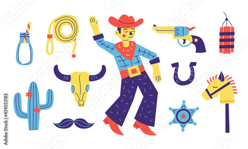 Wallpaper Mural Cowboy party set. Cartoon cute collection with cowboy, lasso, horse, cactus, milk, revolver. Wild west vector objects. Torontodigital.ca