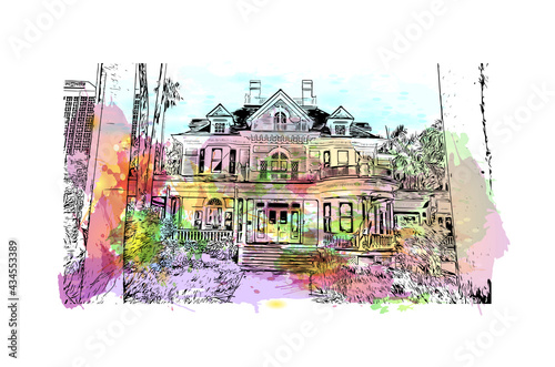 Building view with landmark of Fort Myers is the 
city in Florida. Watercolor splash with hand drawn sketch illustration in vector. photo
