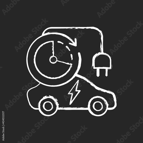 Charging time chalk white icon on black background. Time spent to fill up battery of electromobile. Charging speed of electricity station. Natural fuel. Isolated vector chalkboard illustration