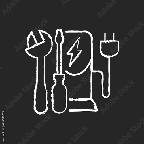 Charging station maintenance chalk white icon on black background. Fixing electronic vehicle charging place. Dealing with electricity fuel. Charge process. Isolated vector chalkboard illustration