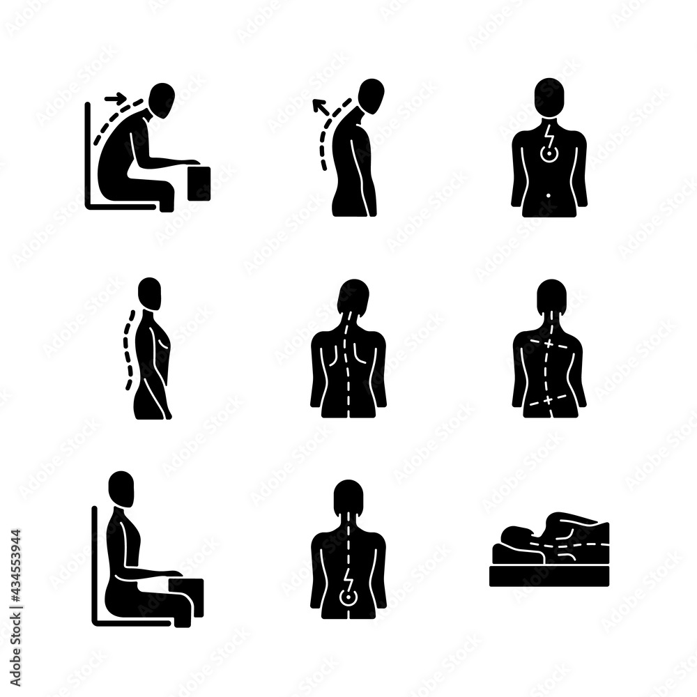 Back and posture problems black glyph icons set on white space. Slouched position at desk. Roundback, hunchback. Spine natural curvature. Silhouette symbols. Vector isolated illustration Back and posture problems black glyph icons set on white space. Slouched position at desk. Roundback, hunchback. Spine natural curvature. Silhouette symbols. Vector isolated illustration