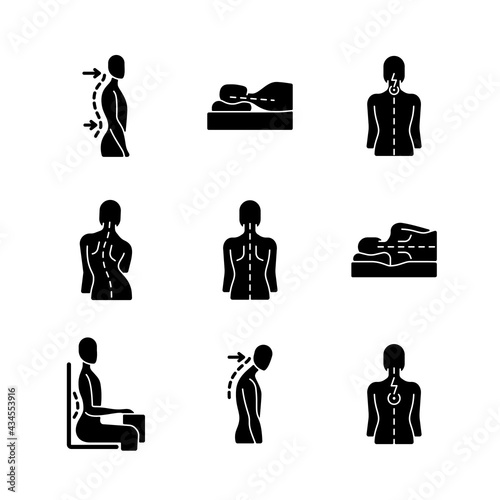Back and posture problems black glyph icons set on white space. Lumbar lordosis. Incorrect sleeping position. Neck pain. Sideways curve. Silhouette symbols. Vector isolated illustration