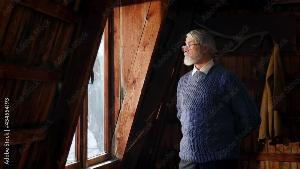 Old Strict Man Standing By The Window. Gray Man With Beard. Old Strict Man Standing By The Window. Gray Man With Beard.