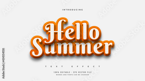 Hello Summer Text in White and Orange with Embossed Effect Isolated on White Background. Editable Text Style Effect