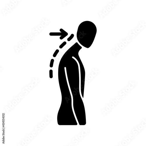 Slouching black glyph icon. Poor posture. Forward head. Body looking down. Walking incorrectly. Muscles in neck, shoulders disruption. Silhouette symbol on white space. Vector isolated illustration