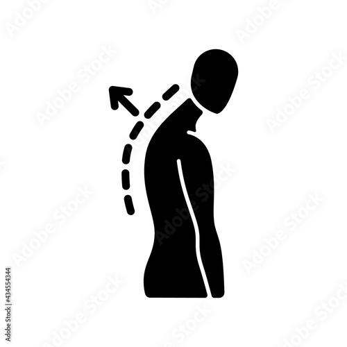 Thoracic kyphosis black glyph icon. Prominent shoulder blade. Spinal disorder. Roundback, hunchback. Increased front-to-back curve. Silhouette symbol on white space. Vector isolated illustration