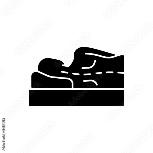 Incorrect sleeping position black glyph icon. Unnatural, unnecessary curves in spine. Putting pressure on nerves. Stress on spine. Silhouette symbol on white space. Vector isolated illustration