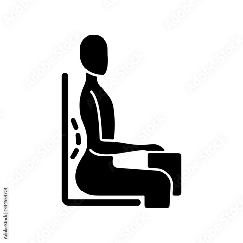 Unnatural sitting position black glyph icon. Increased lumbar lordosis posture. 90-degree angle chair. Muscles stress and strain. Silhouette symbol on white space. Vector isolated illustration