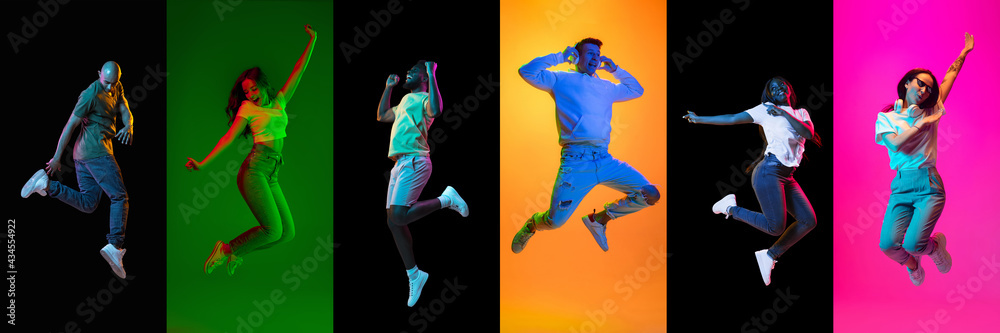 Portraits of group of people on multicolored background in neon light, collage.