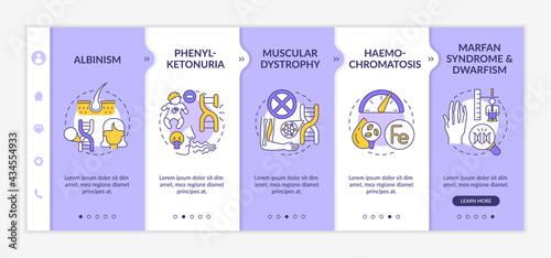 Different genetic disorders onboarding vector template. Responsive mobile website with icons. Web page walkthrough 5 step screens. Healthcare color concept with linear illustrations