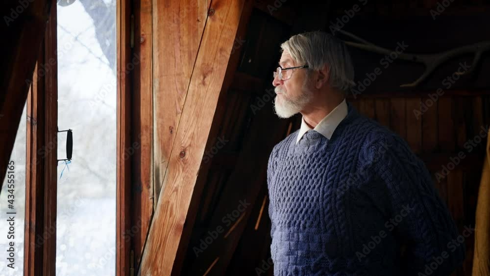 Old Strict Man Standing By The Window. Gray Man With Beard. Old Strict Man Standing By The Window. Gray Man With Beard.