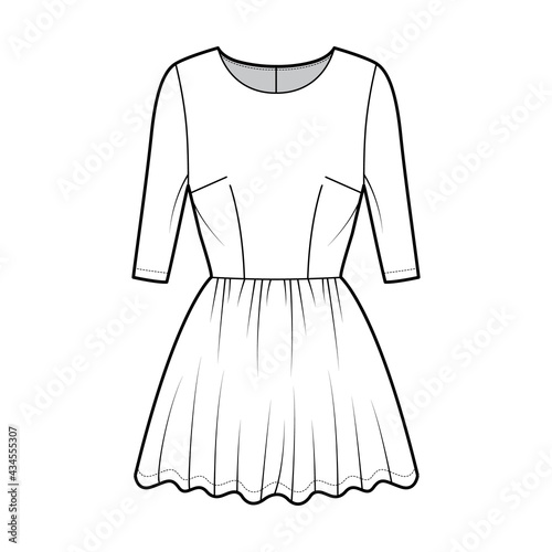 Dress short technical fashion illustration with elbow sleeve, fitted body, mini length full skirt. Flat apparel front, white color style. Women, men unisex CAD mockup