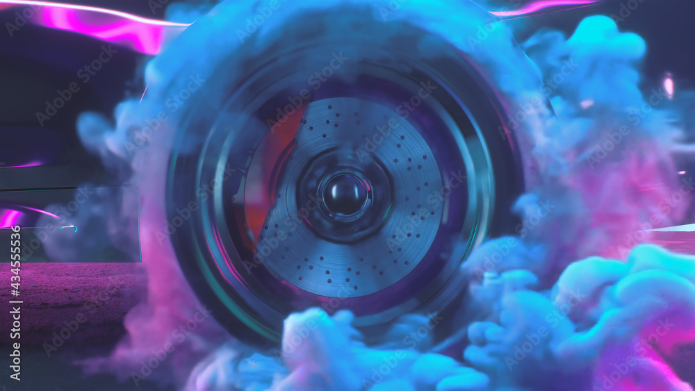Αυτοκόλλητο 3d render Drift wheels with neon smoke cars