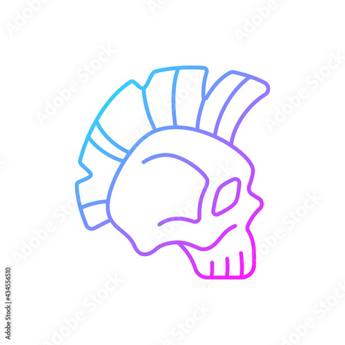 Skull with mohawk hairstyle gradient linear vector icon. Hard rock, death metal music emblem. Bone head. Thin line color symbols. Modern style pictogram. Vector isolated outline drawing