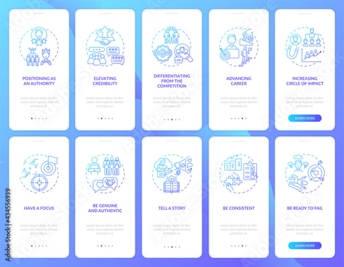 Personal branding blue onboarding mobile app page screen with concepts set. Media identity walkthrough 5 steps graphic instructions. UI, UX, GUI vector template with linear color illustrations