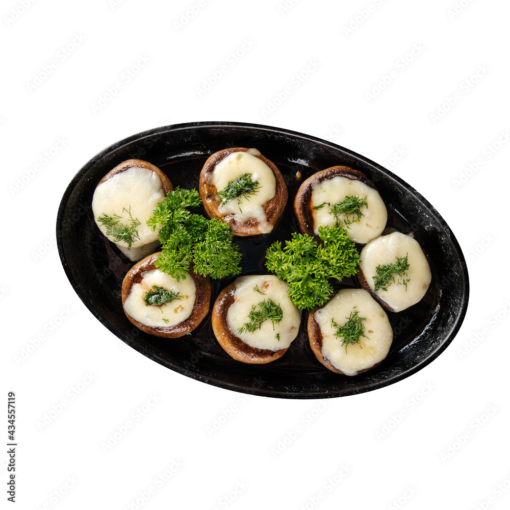Isolated plate of baked mushrooms with cheese filling Isolated plate of baked mushrooms with cheese filling