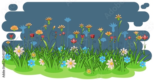 Blooming meadow with grass  flowers. Green night landscape. Cartoon style. Fabulous vector illustration. Background image isolated on white. Beautiful natural view. Wild plants. Rural scene. Summer