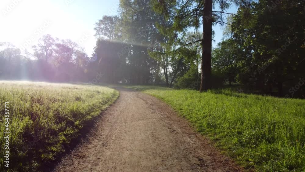 Aerial drone view flight over dirt path in park in early morning Aerial drone view flight over dirt path in park in early morning