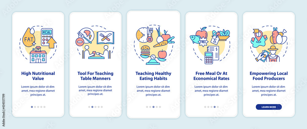 School eating rules onboarding mobile app page screen with concepts. High nutritional value walkthrough 5 steps graphic instructions. UI, UX, GUI vector template with linear color illustrations