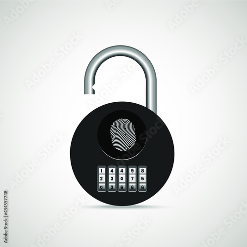 Glossy metal realistic padlock with code numbers and finger touch. Eps 10 vector illustration.