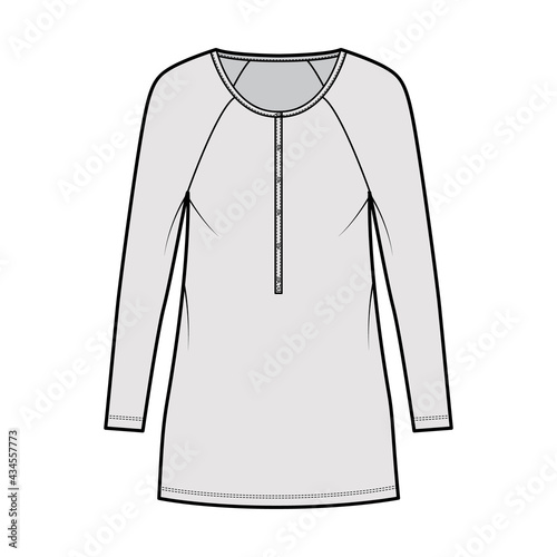 Dress henley collar technical fashion illustration with long raglan sleeves, oversized body, mini length pencil skirt. Flat apparel front, grey color style. Women, men unisex CAD mockup