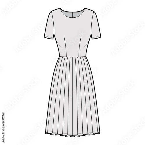 Dress pleated technical fashion illustration with short sleeves, fitted body, knee length skirt. Flat apparel front, grey color style. Women, men unisex CAD mockup