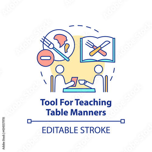 Tool for teaching table manners concept icon. Giving students knowledge about how to be nice. Eating meal idea thin line illustration. Vector isolated outline RGB color drawing. Editable stroke