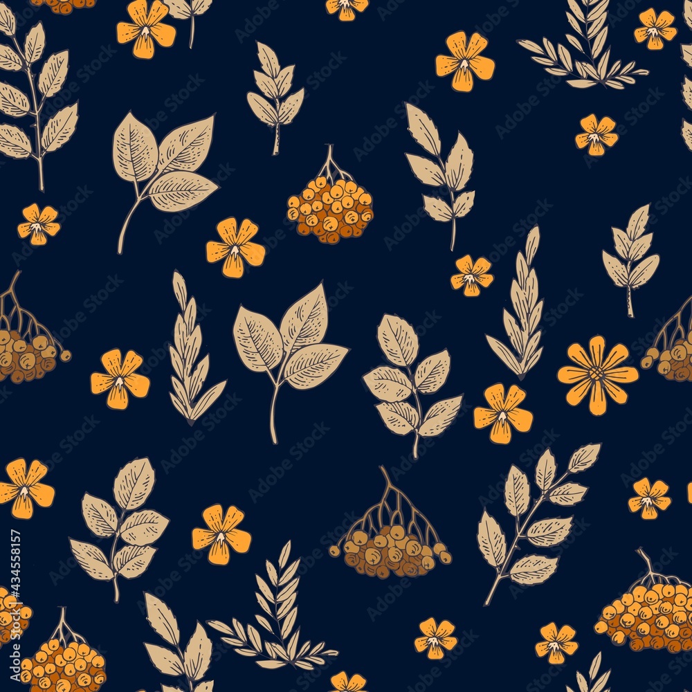 Obraz premium Branches and fruits of mountain ash. Seamless pattern for wallpaper and fabric. Background illustration. Hand drawing outline. Flowering of garden plants. Abstract plant picture. Vector